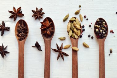 Dört kaşık farklı baharatlar - kakule, anason yıldız ve biber tam