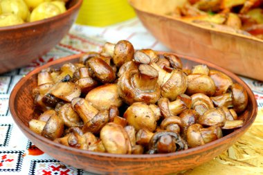 Bir tabak içinde kavrulmuş mantar petrol