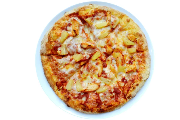 Whole Hawaiian pizza with pineapple and chicken isolated on white — Stock Photo, Image