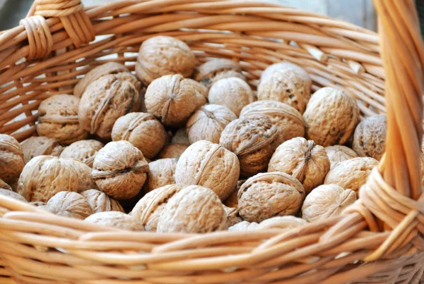 Lots of healthy walnuts in shells in a basket Stock Photo