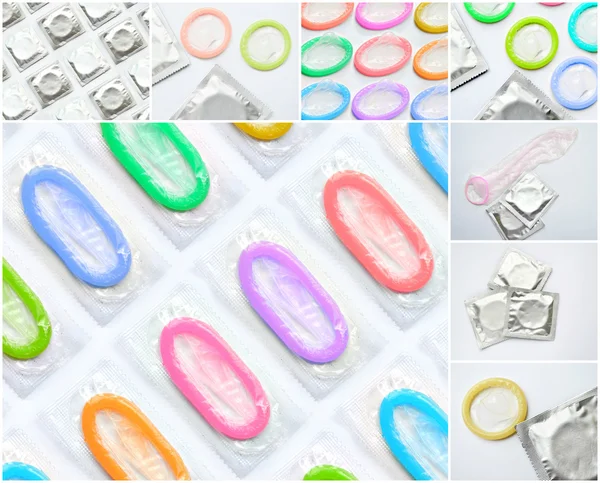 Collage of lots of colorful condoms isolated on white — Stock Photo, Image