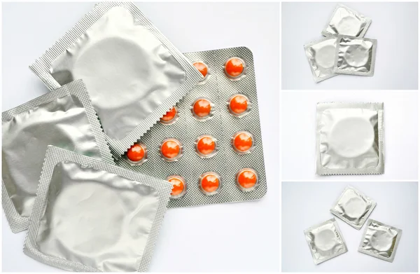 Коллаж презервативов и противозачаточных таблеток, изолированных на белом — стоковое фото