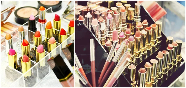 Collage of different cosmetic brushes for makeup and set of colorful lipsticks with other cosmetics on a dressing table
