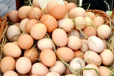 Bir sokak pazarında bir sepet içinde organik kahverengi yumurta