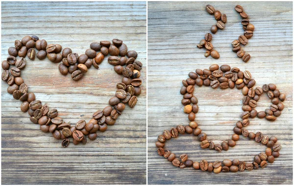 Diferentes imágenes de granos de café aromáticos tostados puestos en varias formas en la mesa de madera — Foto de Stock