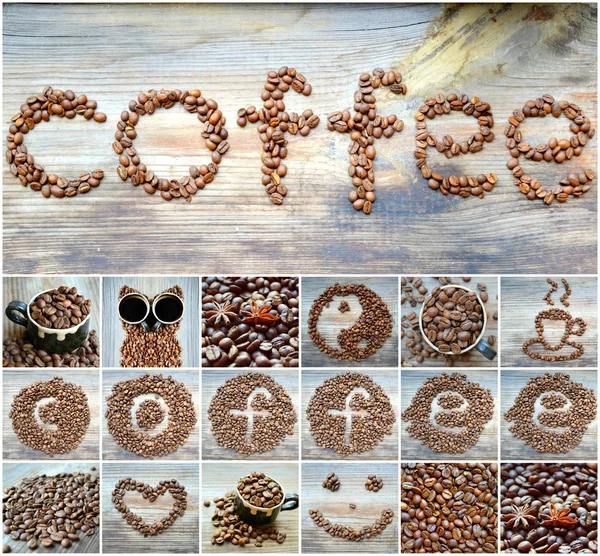 Diferentes imágenes de granos de café aromáticos tostados puestos en varias formas en la mesa de madera — Foto de Stock