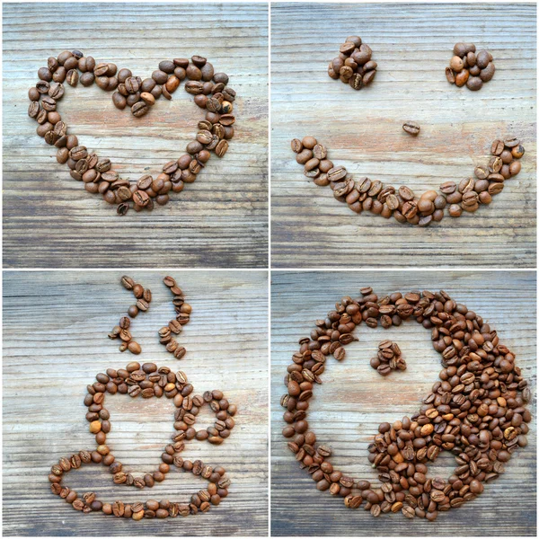 Différentes images de grains de café aromatiques torréfiés mis en diverses formes sur la table en bois — Photo