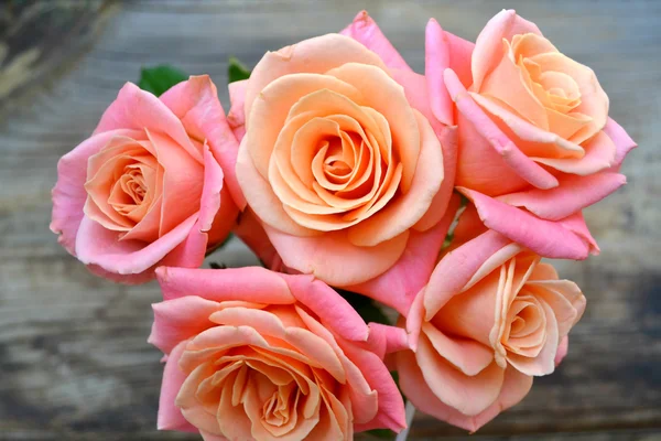 Beautiful bouquet of pink and apricot roses on wooden background — Stock Photo, Image