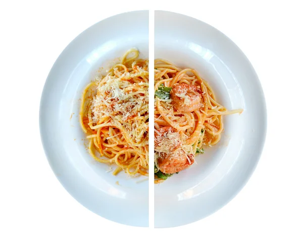 Gran plato con pasta boloñesa y espaguetis con mariscos aislados en blanco — Foto de Stock