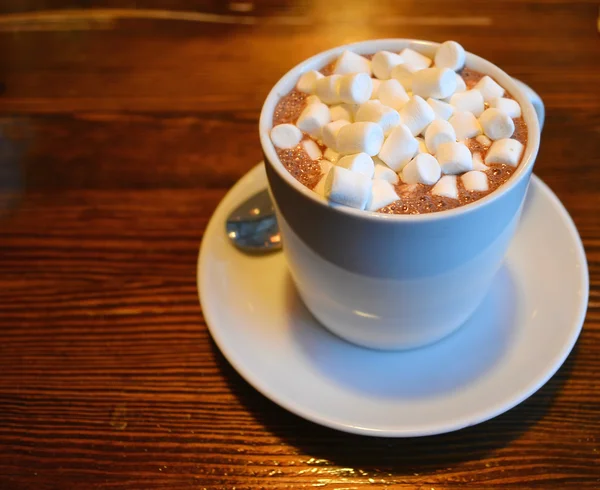 Fehér csésze forró kakaót a marshmallows és a fahéj — Stock Fotó