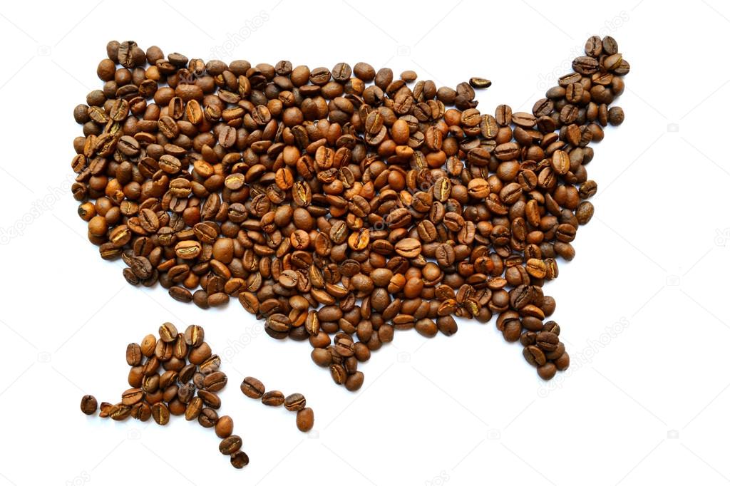 Map of the USA made from coffee beans