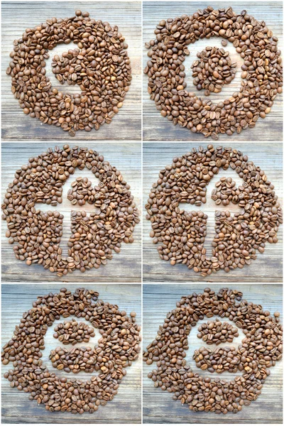 Palabra "café" escrito en granos de café en una mesa de madera — Foto de Stock