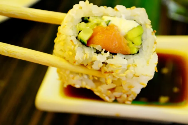 Delicious sushi with cucmber, salmon and philadelphia — Stock Photo, Image