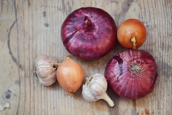 Red and bulb onions with whole organic garlic on wooden table — Stock Photo, Image