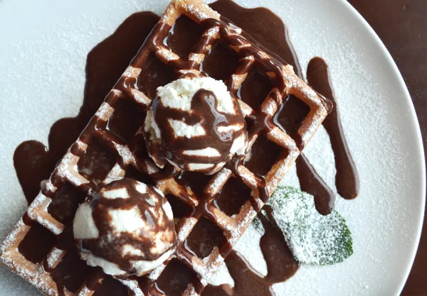 Belgian waffle with ice cream, chocolate and mint — Stock Photo, Image