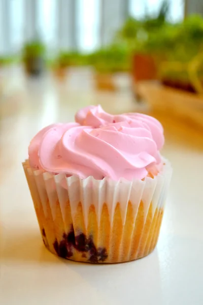 Pink cupcake with berries — Stock Photo, Image