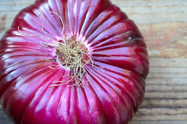 Big red onion on wooden table — Stock Photo, Image