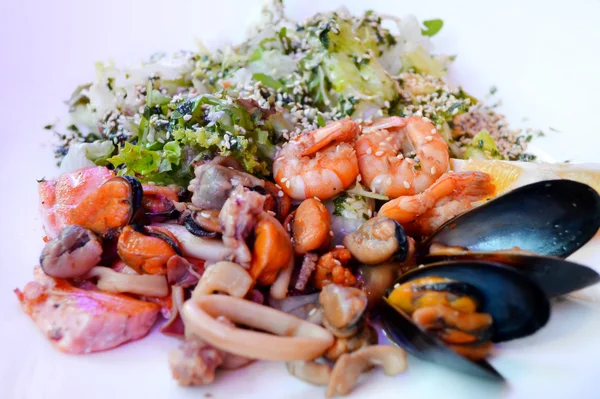 Big plate with seafood salad with sesame seeds and salmon — Stock Photo, Image