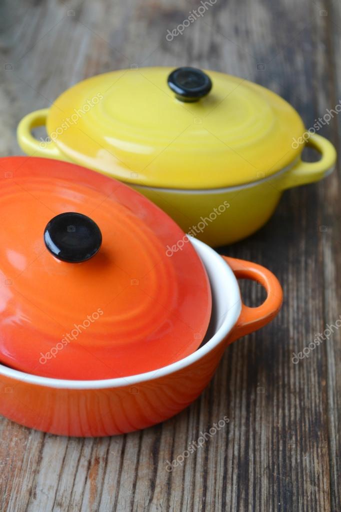 Two Little Colorful Cooking Pots For Julienne Stock Photo Two Little Colorful Cooking Pots For Julienne Stock Photo