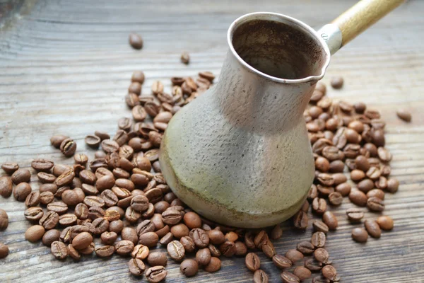 Turkish Cezve with coffee beans — Stock Photo, Image