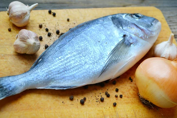 Uncooked fish dorado with garlic and onion — Stock Photo, Image