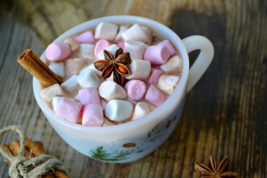 Sıcak kakao marshmallows, yıldız anason ve tarçın ile beyaz fincan