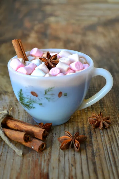 Copa blanca de cacao caliente con malvaviscos, anís estrellado y canela — Foto de Stock
