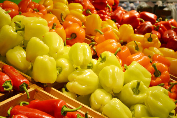 Sweet orange, yellow and red bell peppers