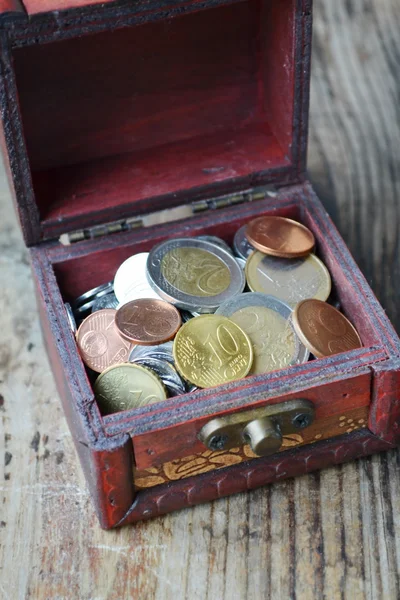 Little treasure chest with euro coins on wooden table — Stock Photo, Image