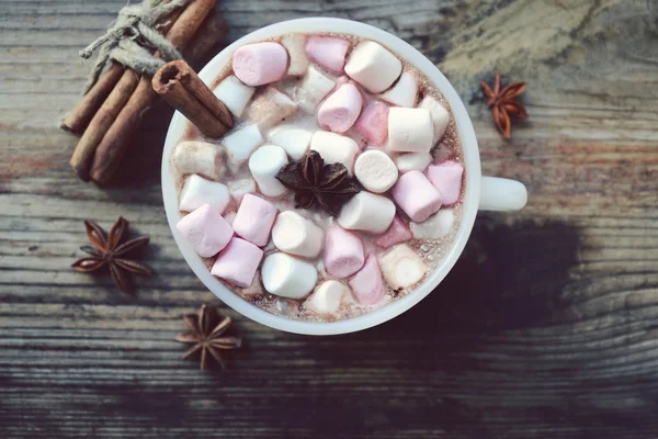 Coupe blanche de cacao chaud avec guimauves, anis étoilé et cannelle — Photo