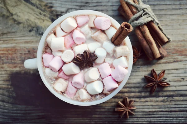 Fehér csésze forró kakaót a marshmallows, a csillagánizs, a fahéj — Stock Fotó