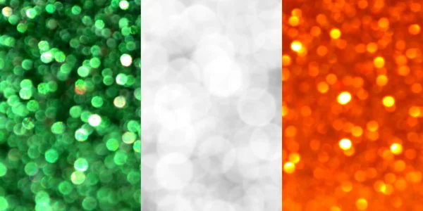 La bandiera nazionale d'Irlanda fatta di sfondi sfocati luminosi e astratti con brillantini scintillanti — Foto Stock
