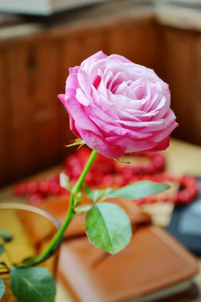 在一个小花瓶木制的桌子上的一个粉红色的玫瑰 — 图库照片