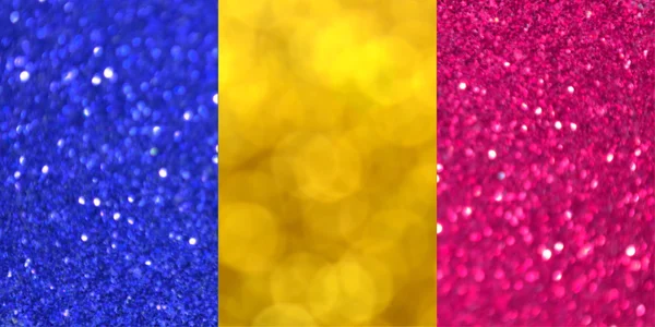 Den nationella flaggan av Rumänien gjorda av ljusa och abstrakt suddiga bakgrunder med skimrande glitter — Stockfoto