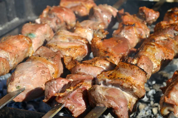 Barbacoa shashlik a la parrilla en humo —  Fotos de Stock