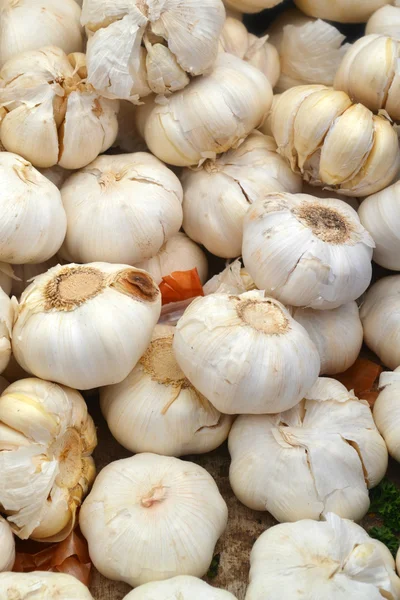 Bio-Knoblauch ganz und Nelken auf dem Markt — Stockfoto