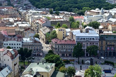 Lviv, Ukrayna - 29 Haziran 2015 cityscape TOPVIEW Lviv şehir merkezinin