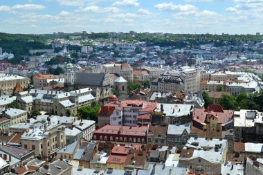 Lviv, Ukrayna - 29 Haziran 2015 cityscape TOPVIEW Lviv şehir merkezinin
