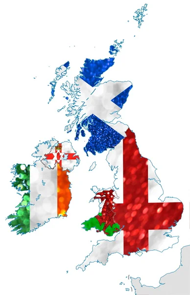 El mapa y la bandera nacional del Reino Unido de Gran Bretaña e Irlanda del Norte, comúnmente conocidos como Union Jack, hechos de fondos borrosos brillantes y abstractos con brillo brillante — Foto de Stock