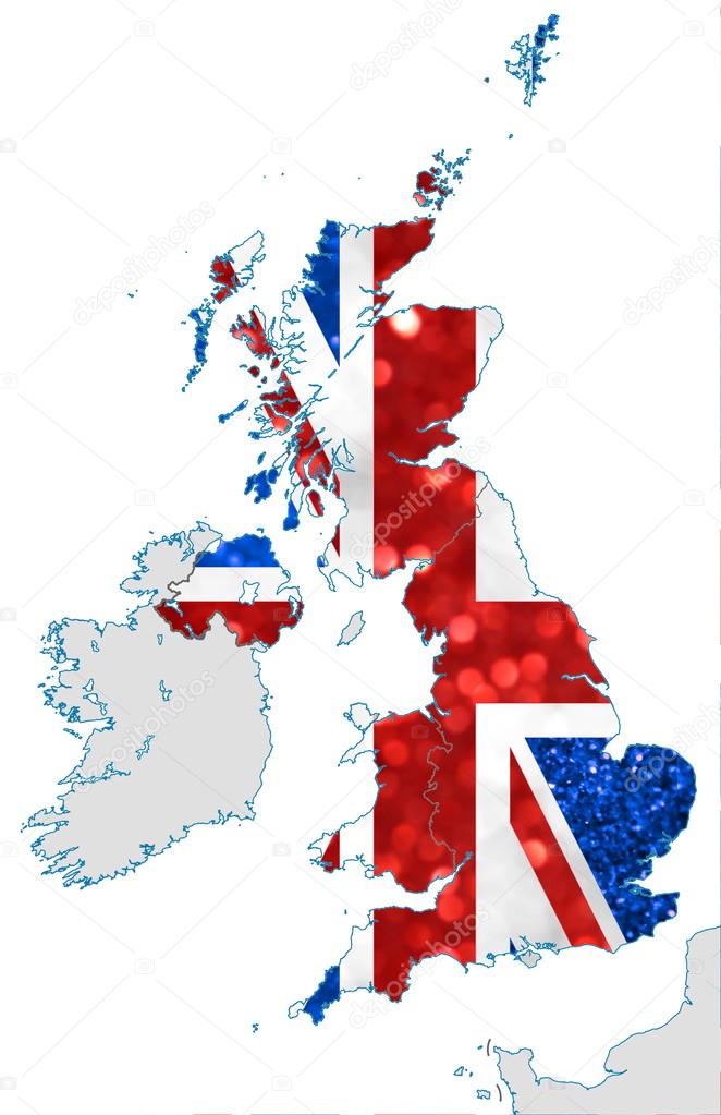 The map and national flag of the United Kingdom of Great Britain and Northern Ireland, commonly known as the Union Jack, made of bright and abstract blurred backgrounds with shimmering glitter