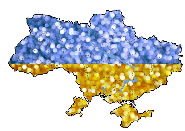 The national yellow and blue flag of Ukraine in shape of its map made of bright and abstract blurred backgrounds with shimmering glitter — Stock Photo, Image