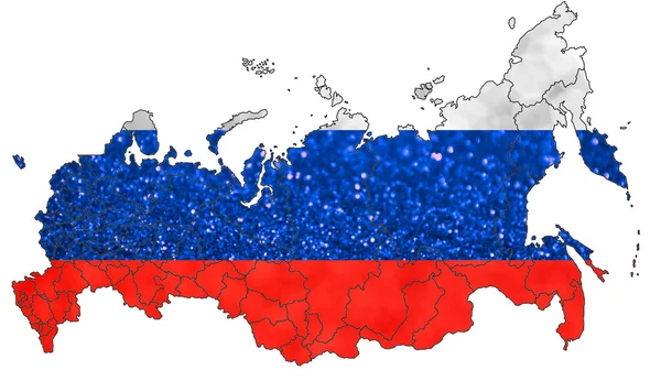 Государственный флаг Российской Федерации в виде карты, выполненной из ярких и абстрактных размытых фонов с мерцающими блестками — стоковое фото