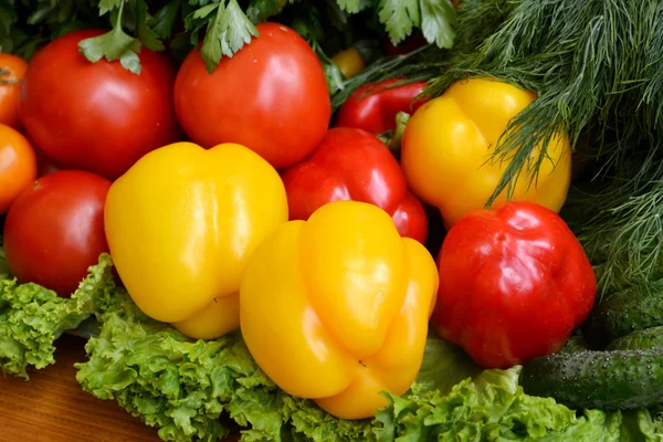 Különböző zöldségek - paprika, uborka, paradicsom és gyógynövények — Stock Fotó