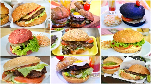 Koncept nezdravé, ale chutné rychlé občerstvení ve formě koláže s různými typy hamburgery — Stock fotografie