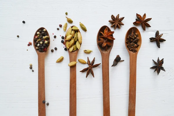 Quatre cuillères pleines d'épices différentes - cardamome, étoiles d'anis et poivrons — Photo