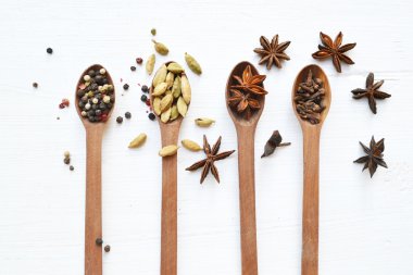 Dört kaşık farklı baharatlar - kakule, anason yıldız ve biber tam