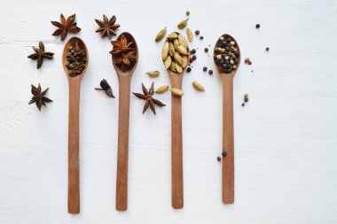 Dört kaşık farklı baharatlar - kakule, anason yıldız ve biber tam