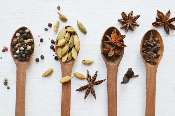 Quatre cuillères pleines d'épices différentes - cardamome, étoiles d'anis et poivrons — Photo