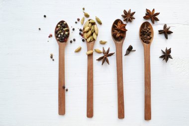 Dört kaşık farklı baharatlar - kakule, anason yıldız ve biber tam