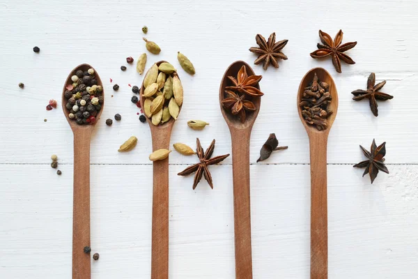 Quatre cuillères pleines d'épices différentes - cardamome, étoiles d'anis et poivrons — Photo